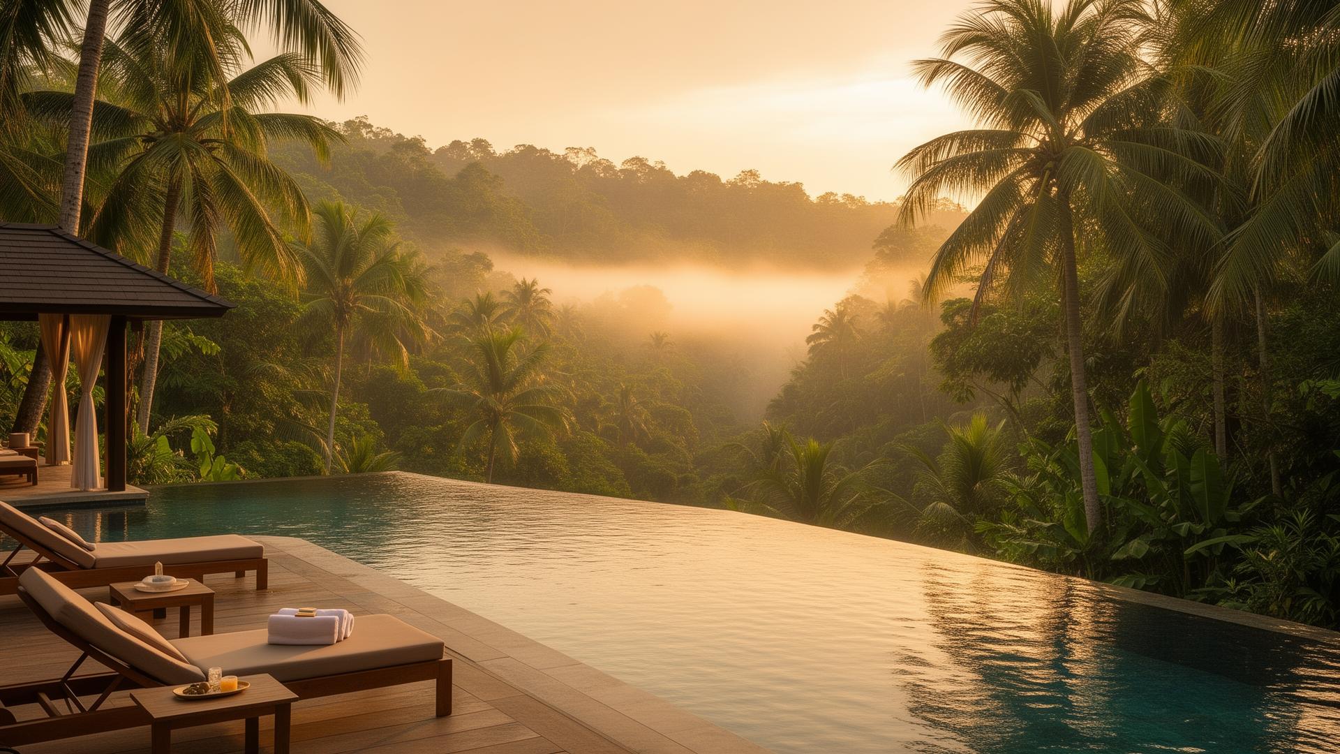 Cinematic luxury wellness sanctuary at golden hour overlooking tropical jungle valley